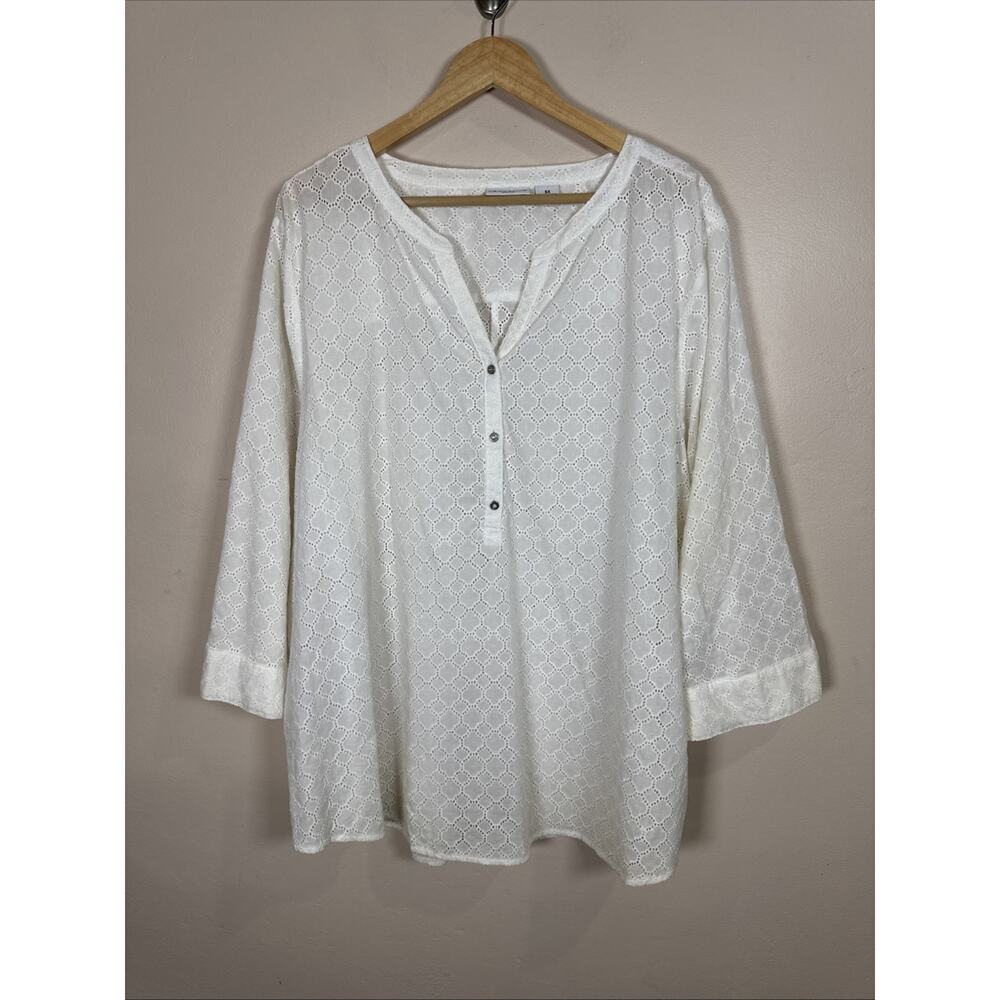 Liz Claiborne Woman Plus Blouse Tunic Eyelet 3X 100% Cotton Cover Up Coastal